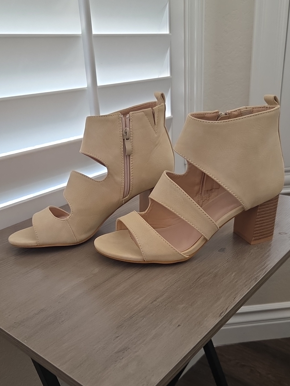 New Journey Collection Beige Strappy Block Heel Sandals - Ankle Zip Heels